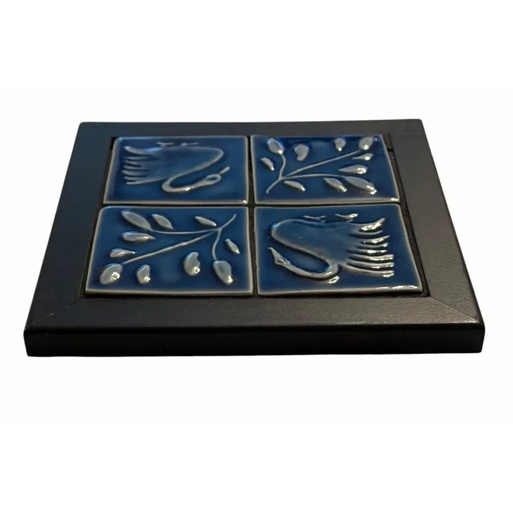 Vintage SWAN Wood Ceramic Tile TRIVET Wall Art Decor Blue 3710/67